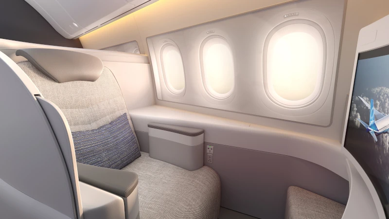 Configuracin de cabina de clase ejecutiva del 777-9, donde destacan unas ventanas de mayor tamao.